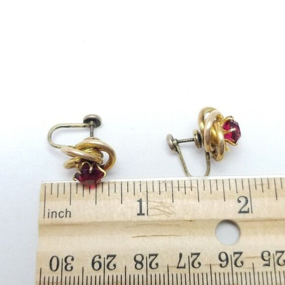 Vintage Sterling Silver Red Rhinestone Knot Design Clip On Earrings, Signed B+N - Picture 6 of 8